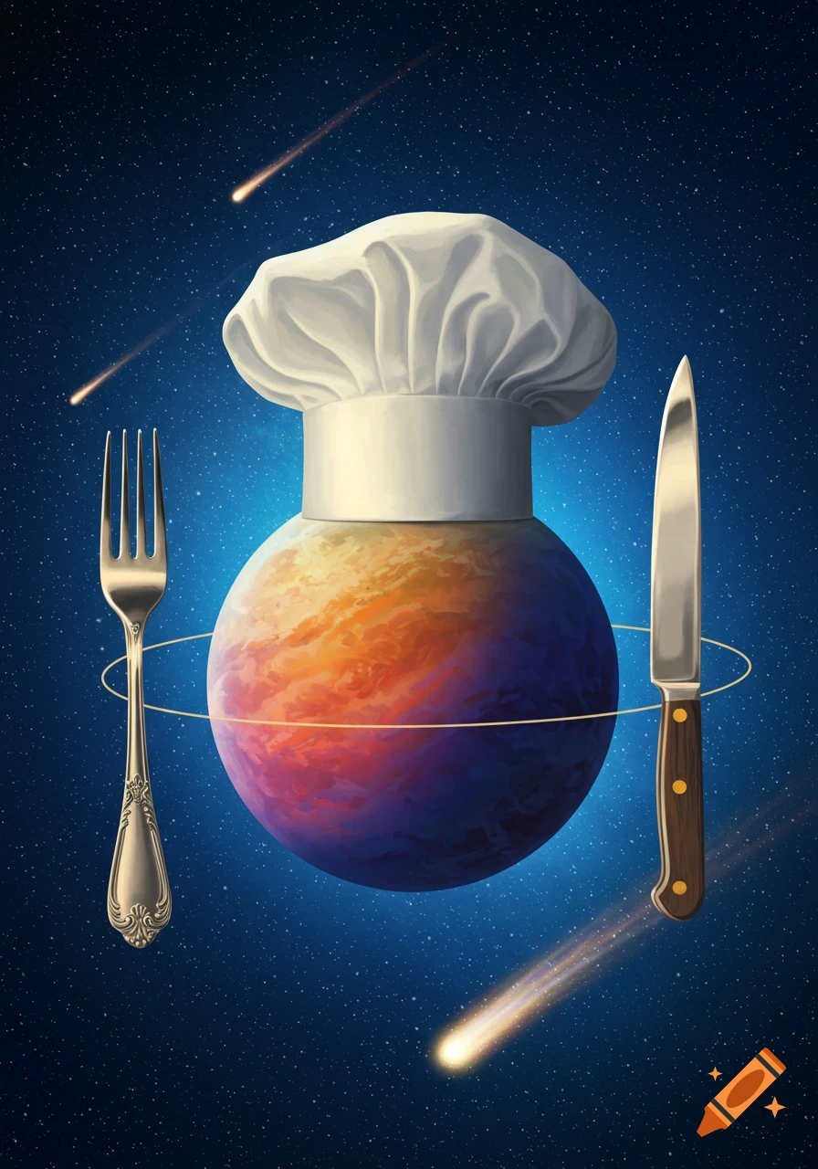 A planet wearing a chef's hat, with a fork and knife floating beside it in starry space, with shooting stars.