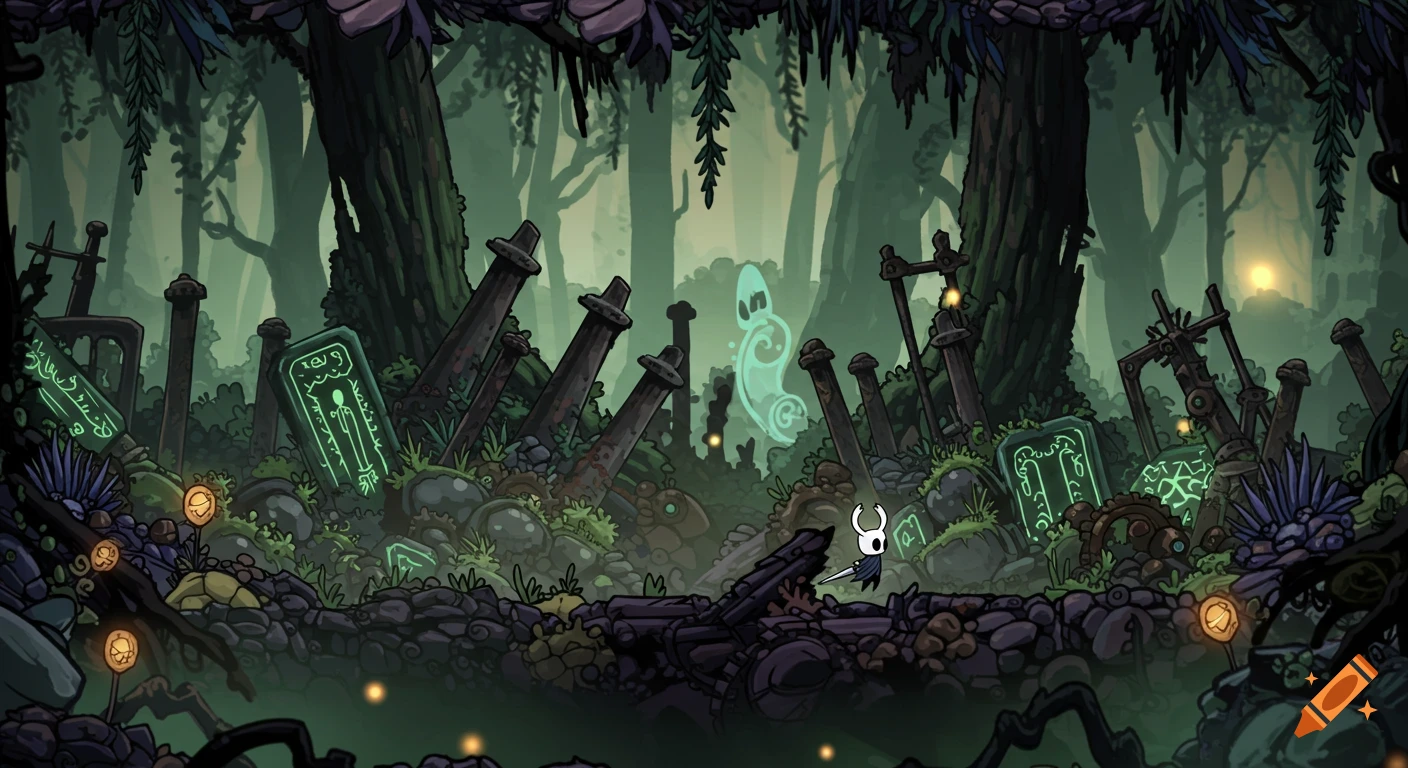 A 2D side-view illustration in Hollow Knight style of a small knight in a dark, misty forest with glowing green ruins and an ethereal spirit.