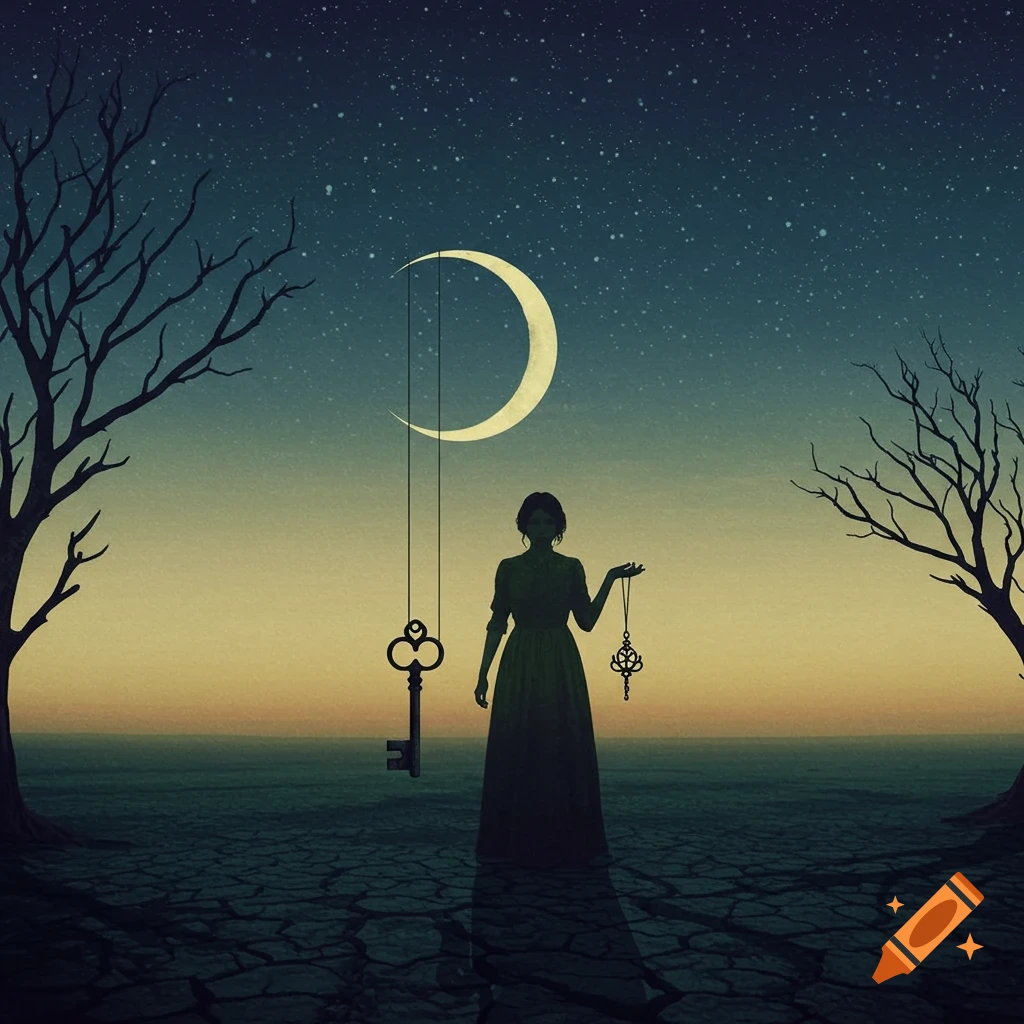 A surrealist painting of a woman's silhouette under a crescent moon, holding a key, with another key hanging. Barren trees and cracked earth.