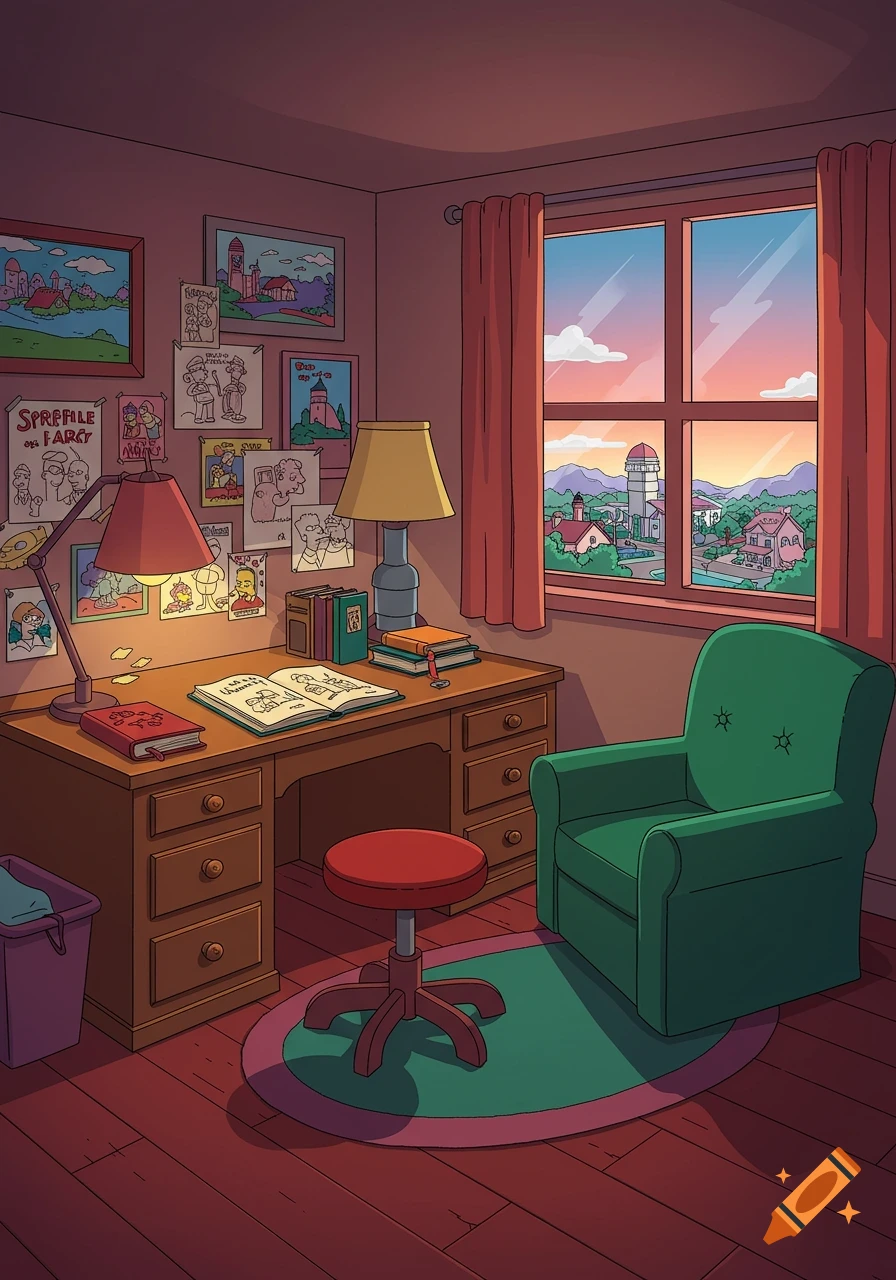 A cartoon-style study room with a desk, two lamps, an open book, and a green armchair, looking out a window at a sunset village.
