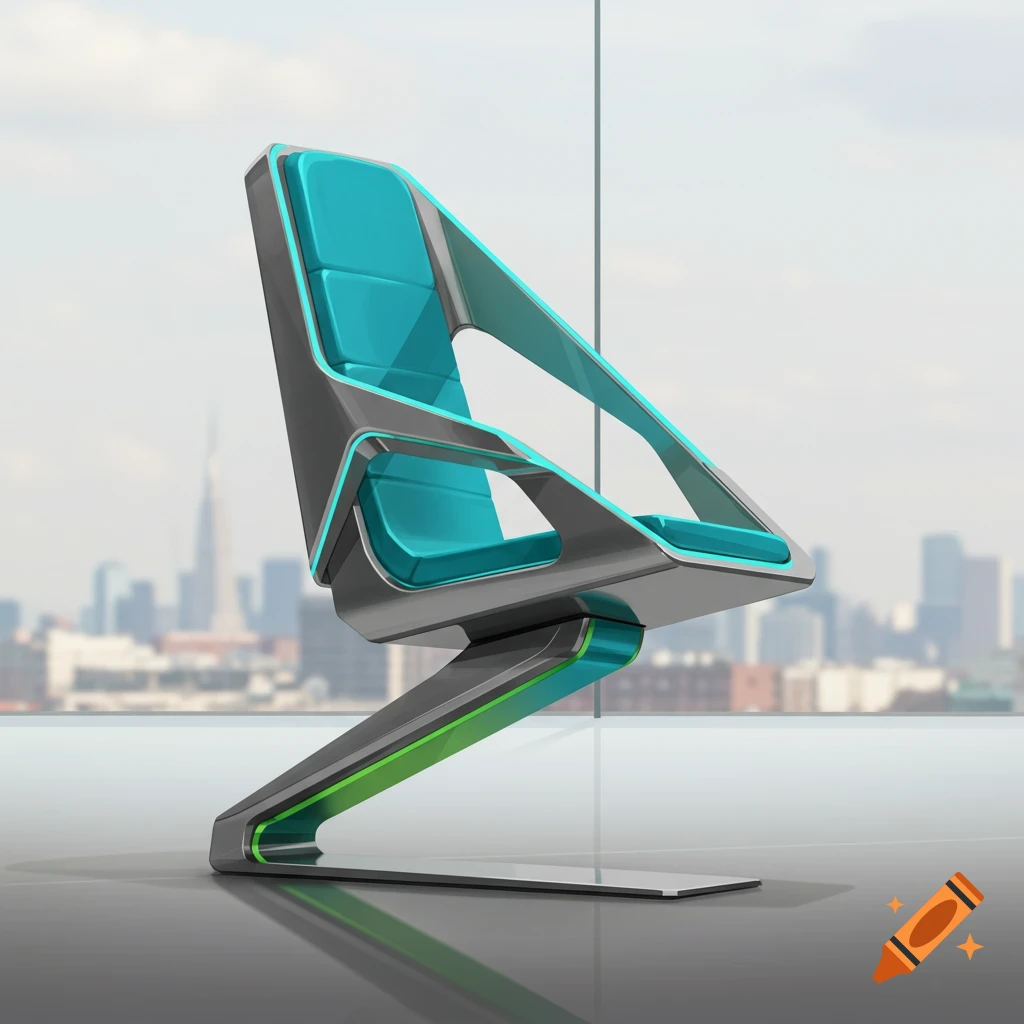 A sleek, futuristic chair with turquoise cushions, grey frame, and green accents, against a city skyline.