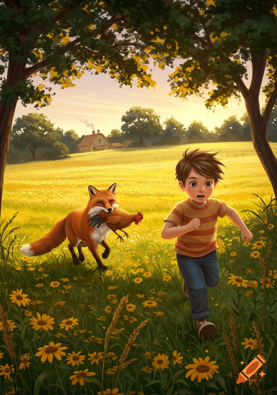 A boy with wide eyes chases a fox carrying a chicken through a sunny field of yellow flowers in a stylized illustration.