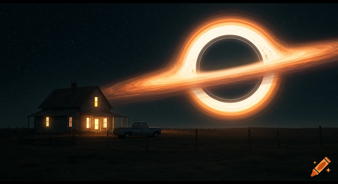 A lonely farmhouse and old pickup truck at night under a starry sky, with a massive golden-orange black hole dominating the background.