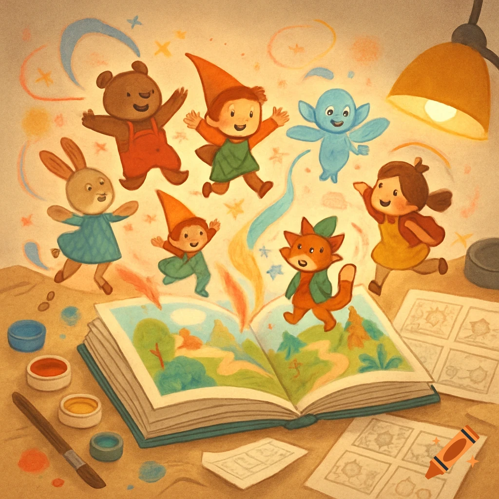 Whimsical children's illustration of magical characters emerging from an open storybook on a desk with art supplies.