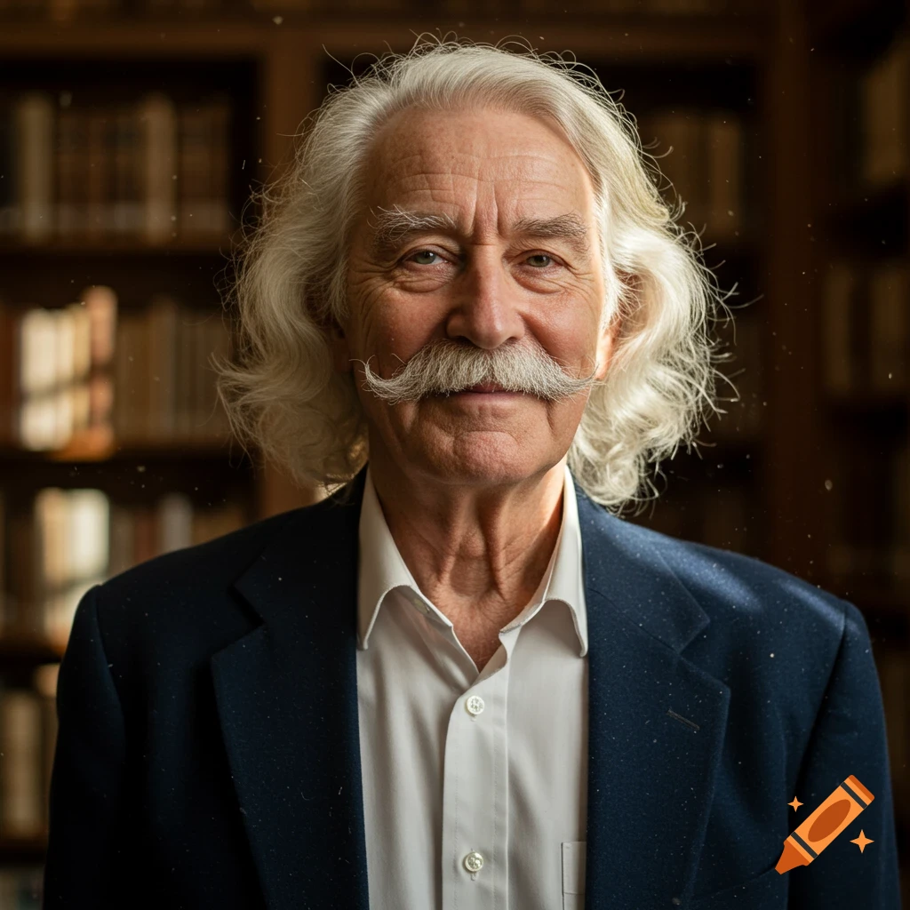 Photorealistic portrait of an old man with wavy white hair and a thick white mustache, wearing a dark blue suit jacket, in a library.