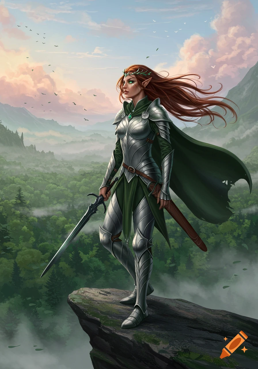 A female elf warrior in gleaming armor and a green cloak stands on a cliff, holding a sword, overlooking a misty forest valley at dawn.