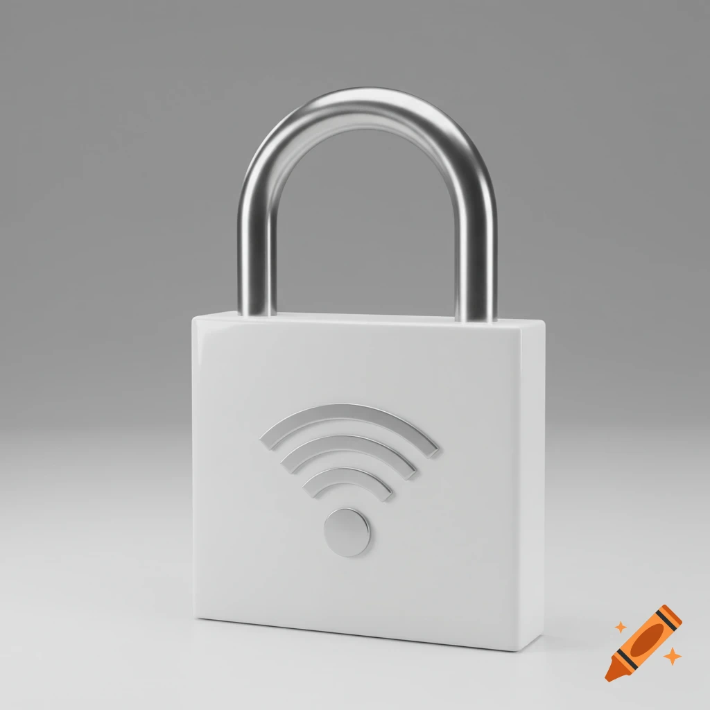 A 3D realistic glossy white padlock with a metallic shackle and a silver Wi-Fi symbol on its front, on a clean white-gray background.