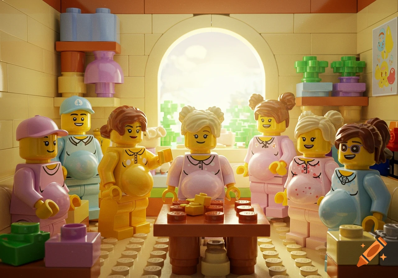 Photorealistic image of several heavily pregnant Lego minifigures gathered in a sunlit Lego room, some around a table.