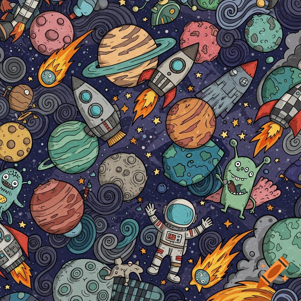 Doodle art of a vibrant cosmic scene with planets, rockets, astronauts, comets, stars, and playful aliens on a dark starry background.