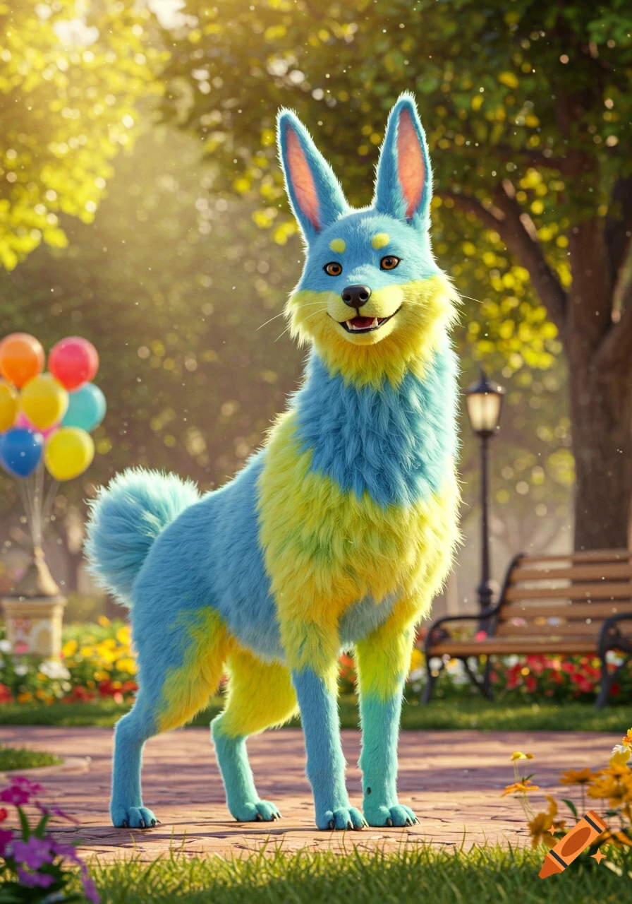 A hyper-realistic blue and yellow wolf-rabbit hybrid creature with long ears and a fluffy tail smiles in a vibrant park with balloons and benches.