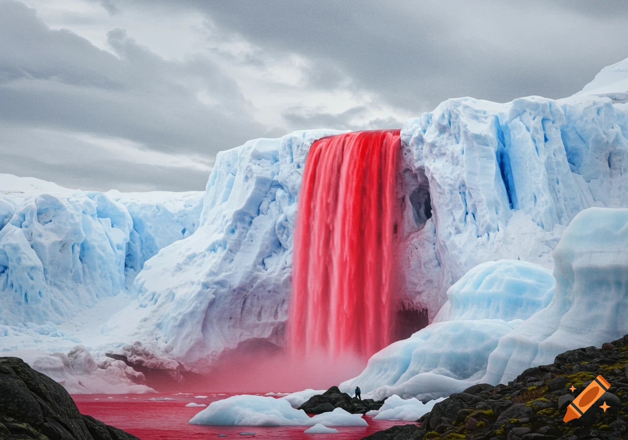 Vibrant red waterfall cascading from blue-white glaciers into a red lake with icebergs under a cloudy sky.