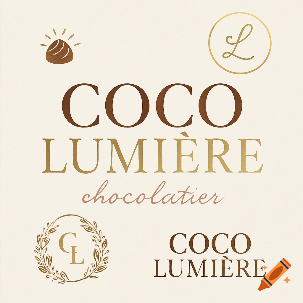 Elegant branding for Coco Lumière Chocolatier with brown and gold text, cocoa pod icon, and monograms on a cream background.