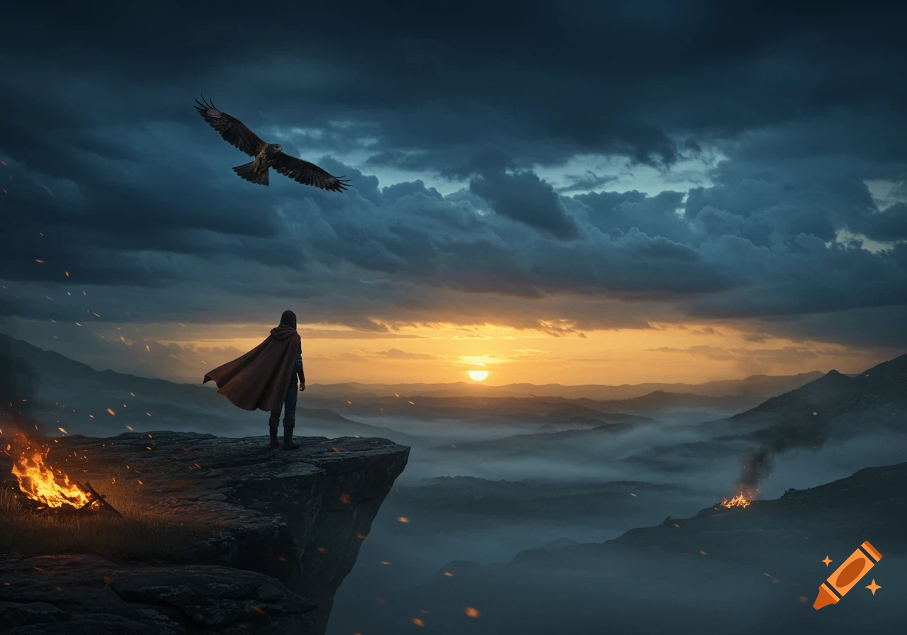 A hooded figure in a red cape stands on a cliff overlooking a misty mountain sunset with fires, an eagle flying overhead.