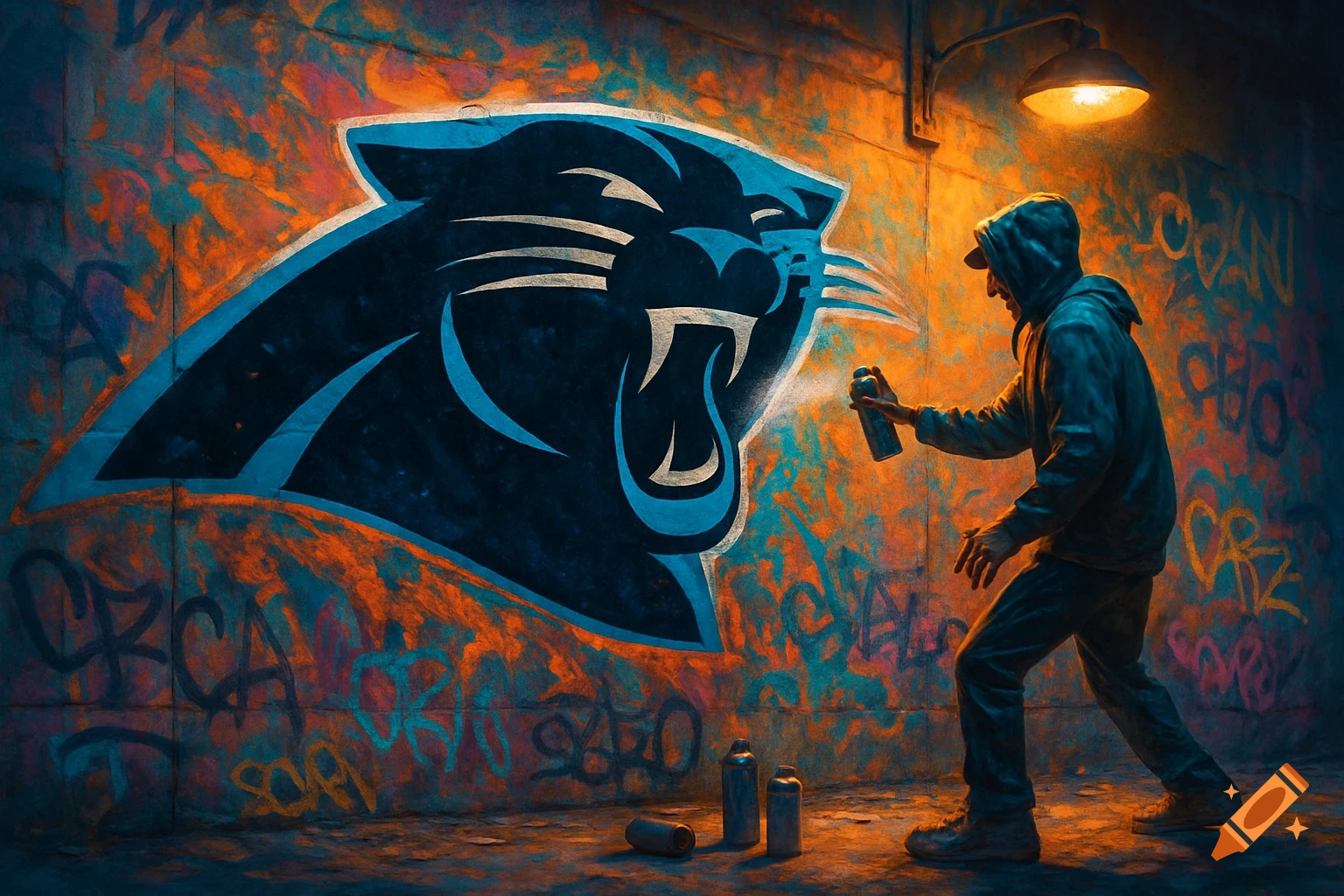 A person spray-painting a large blue and black panther logo on a vibrant, graffiti-covered wall under a street lamp.