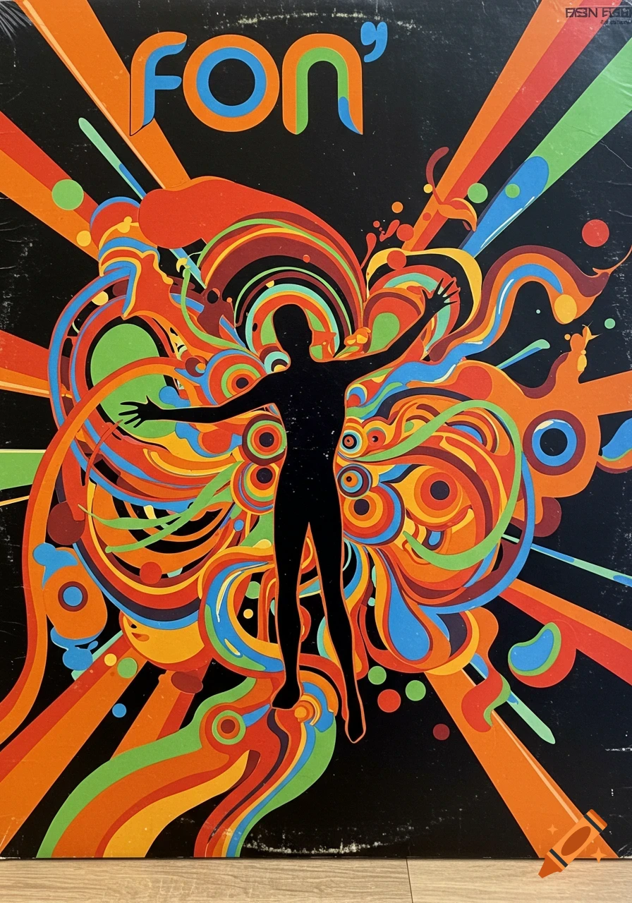 A black silhouette of a person with outstretched arms against a vibrant, swirling, psychedelic background with the text 'fon'' at the top.