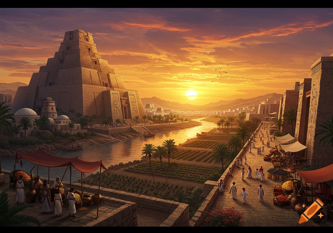 A detailed concept art of an ancient Mesopotamian city with a large ziggurat, river, market, and people at sunset.
