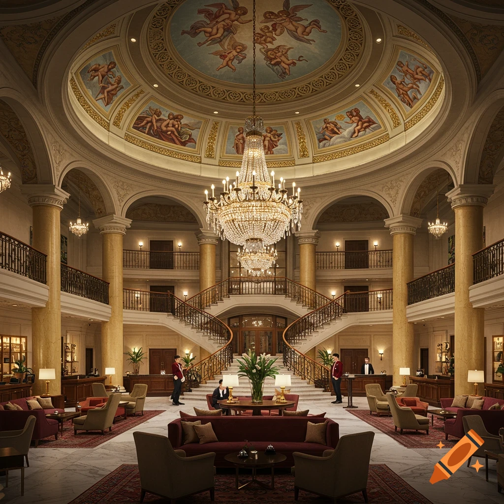 A grand hotel lobby featuring a dome ceiling with cherub paintings, ornate chandeliers, a sweeping double staircase, columns, and luxurious seating areas.