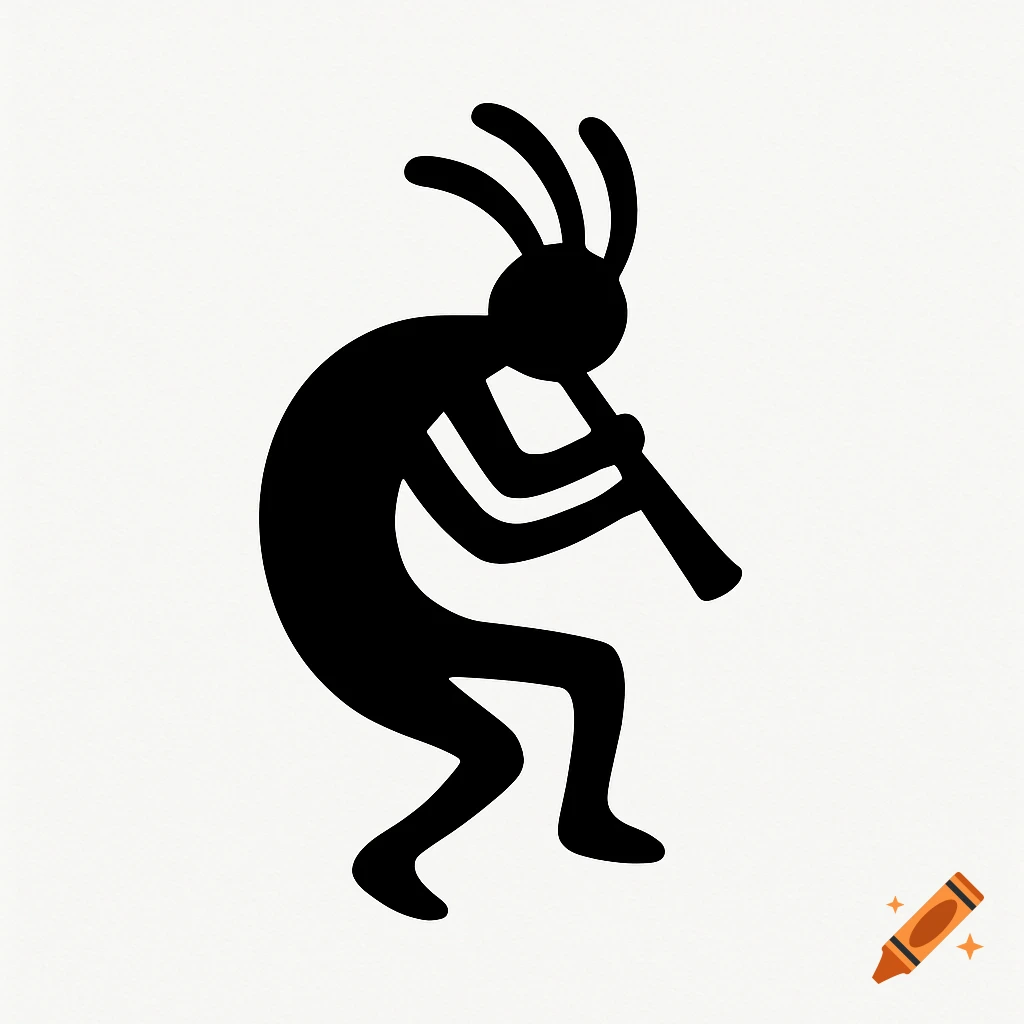 Black silhouette of the Kokopelli figure playing a flute on a white background.