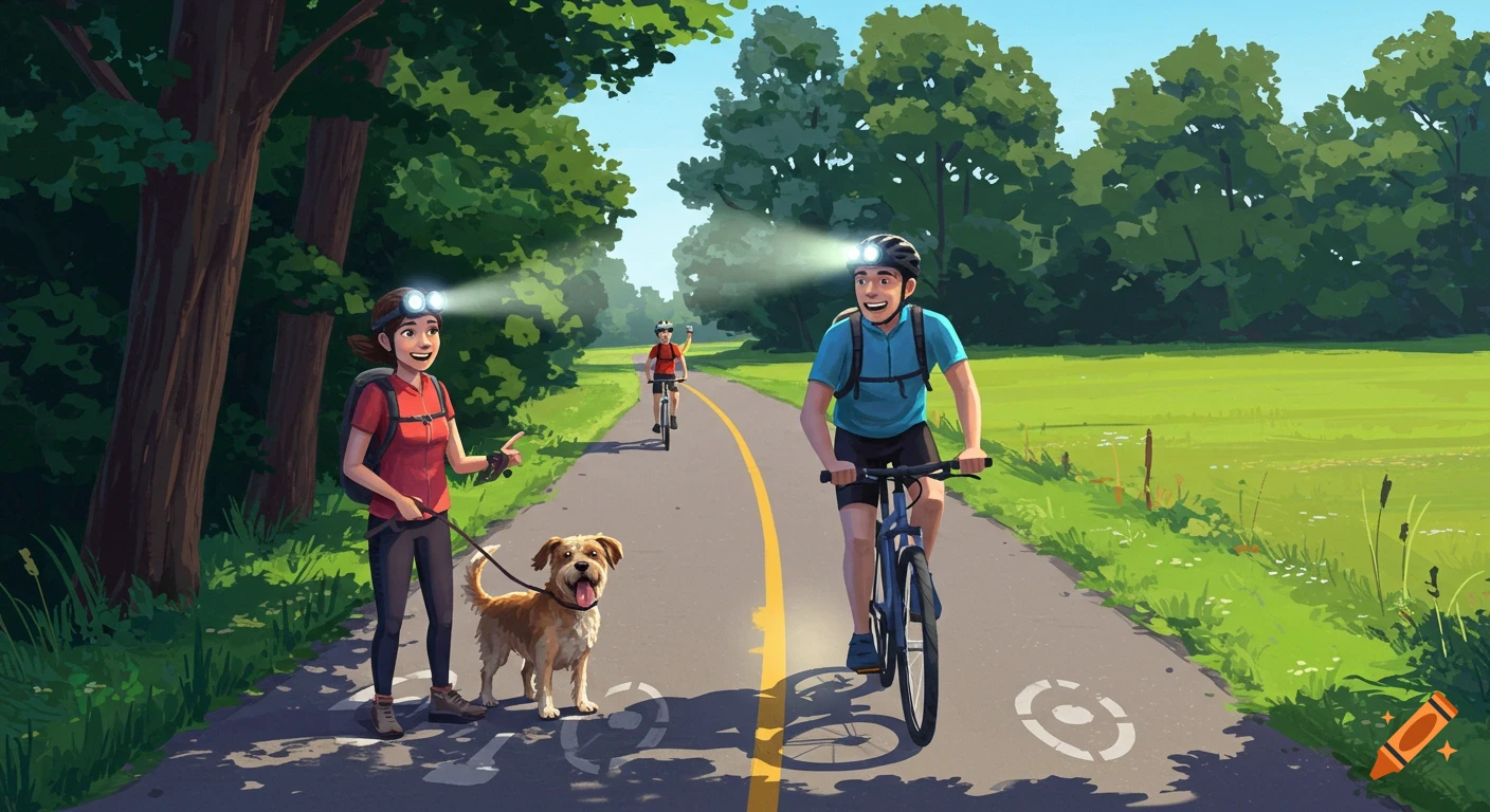 Illustrated scene of a woman walking a dog and a man cycling on a path through a green forest, both wearing headlamps.