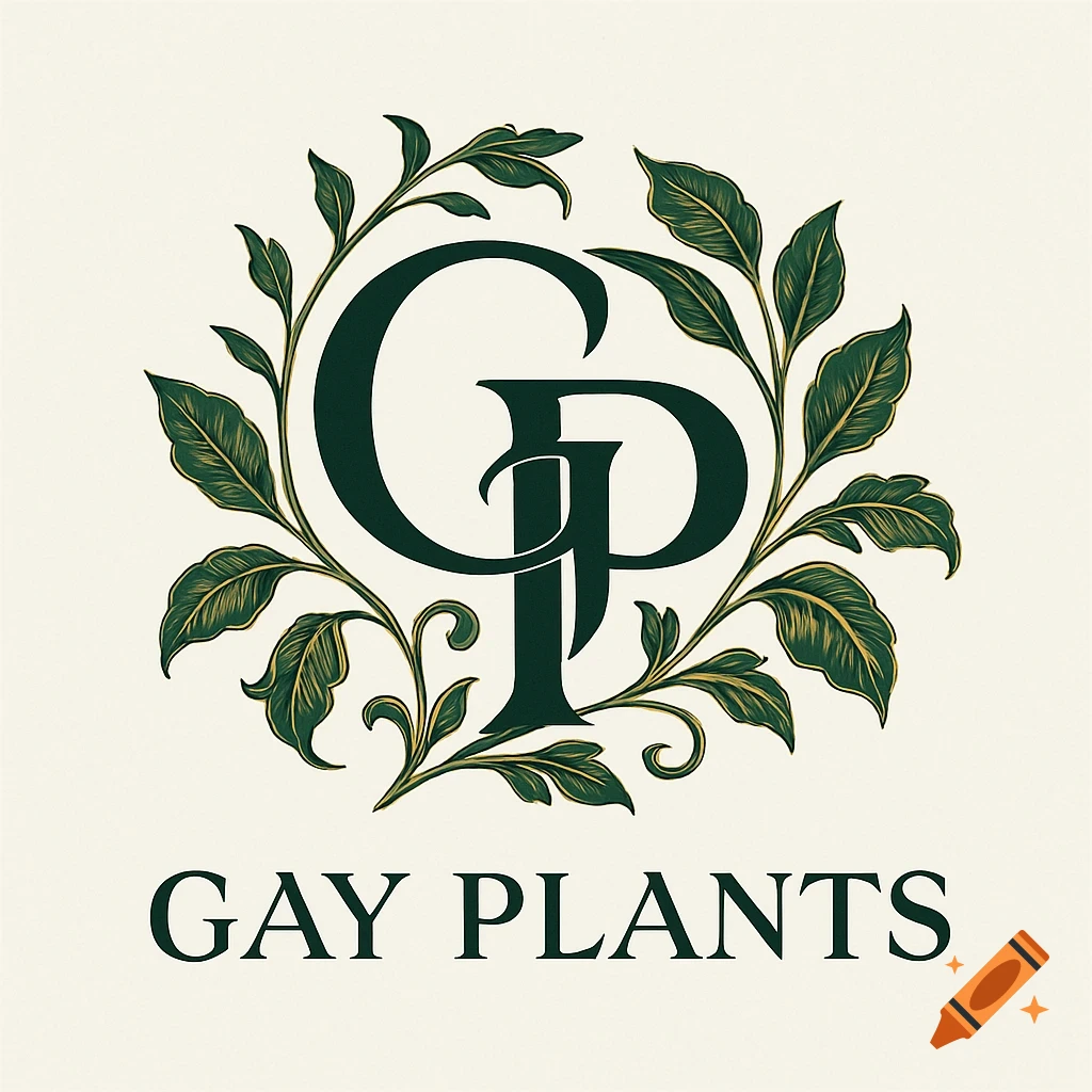 A dark green monogram logo featuring intertwined letters GP surrounded by a wreath of leaves, with 'GAY PLANTS' written below.