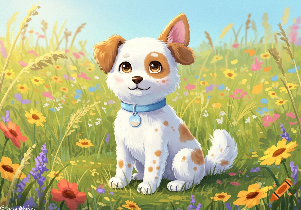 A cute white puppy with brown spots and honey eyes, wearing a blue collar, sitting in a sunny field of colorful wildflowers, digital illustration.