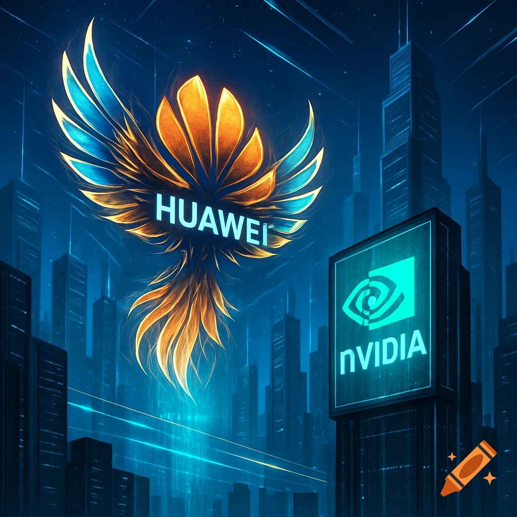 A vibrant digital art image of a glowing, phoenix-like Huawei logo over a futuristic city, with a neon Nvidia sign on a skyscraper.