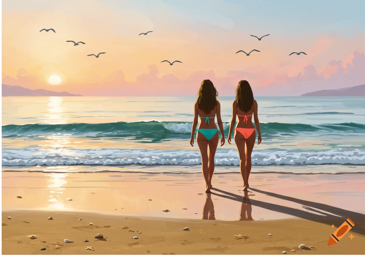 Two women in bikinis walk along a sandy beach towards the ocean at sunset, in a painted style.