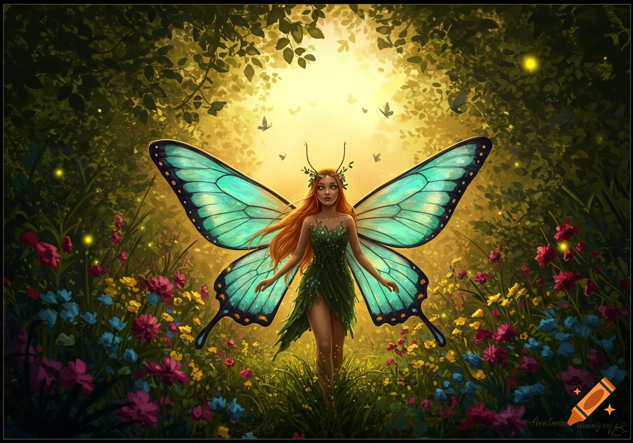 A red-haired fairy with turquoise butterfly wings and a leaf dress stands in a vibrant, sunlit forest clearing.