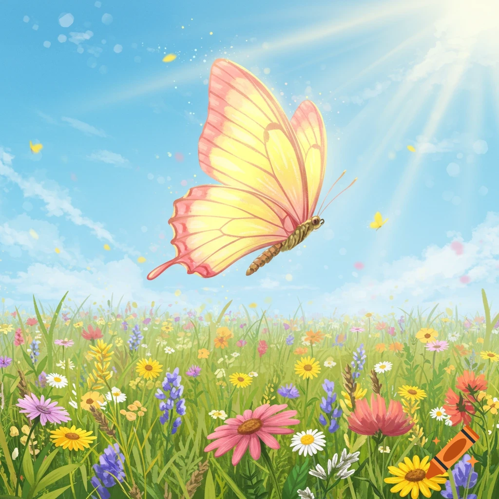 A bright yellow and pink butterfly with red edges flies over a vibrant field of colorful wildflowers under a sunny blue sky.