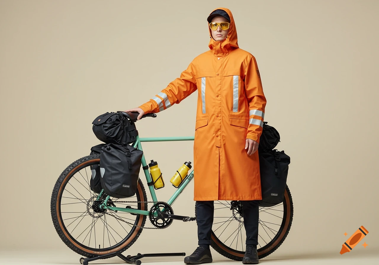 A person in a bright orange long rain jacket and yellow sports glasses stands next to a mint green touring bicycle with black panniers and yellow water bottles against a cream background. The person wears a black cap under the hood.