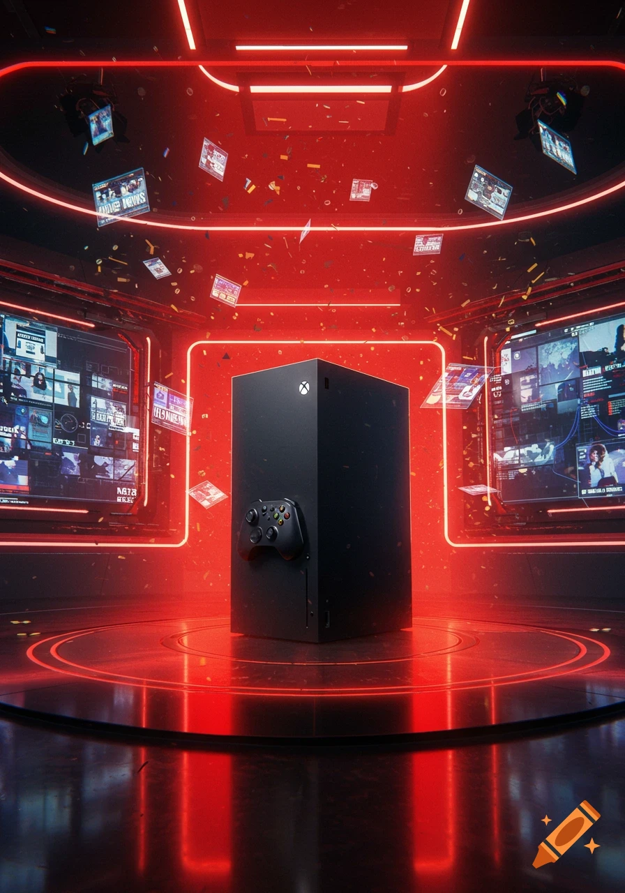An Xbox Series X console with a controller on a circular platform in a dark room illuminated by red neon lights, surrounded by screens.