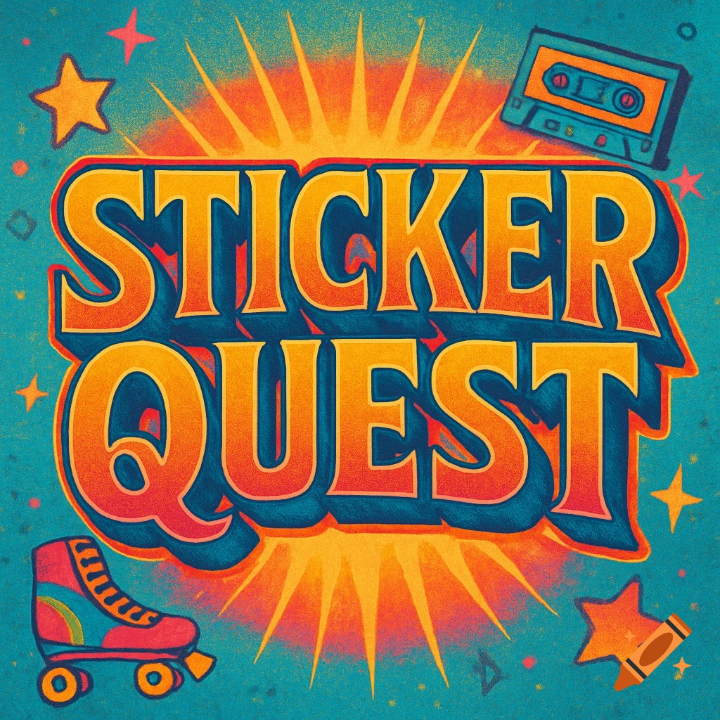 Retro-styled logo for 'Sticker Quest' with orange and blue text, a cassette tape, a roller skate, and stars on a teal background.