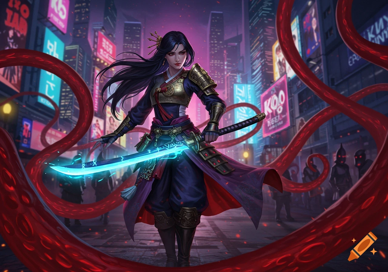 A female warrior in traditional Korean armor holds a glowing blue sword in a neon-lit cyberpunk city, surrounded by red tendrils.