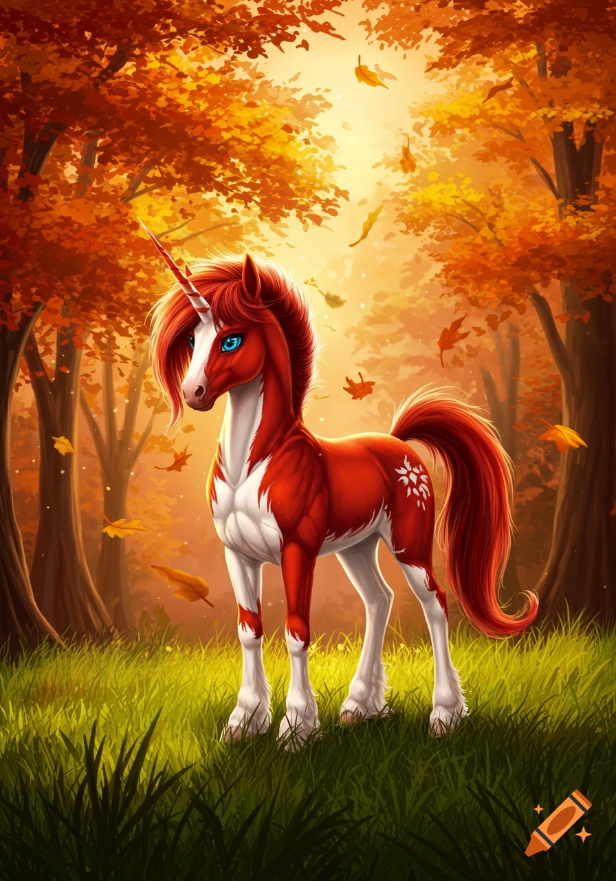 A vibrant red and white unicorn with bright blue eyes stands in a field of grass under autumn trees in an illustrative style.