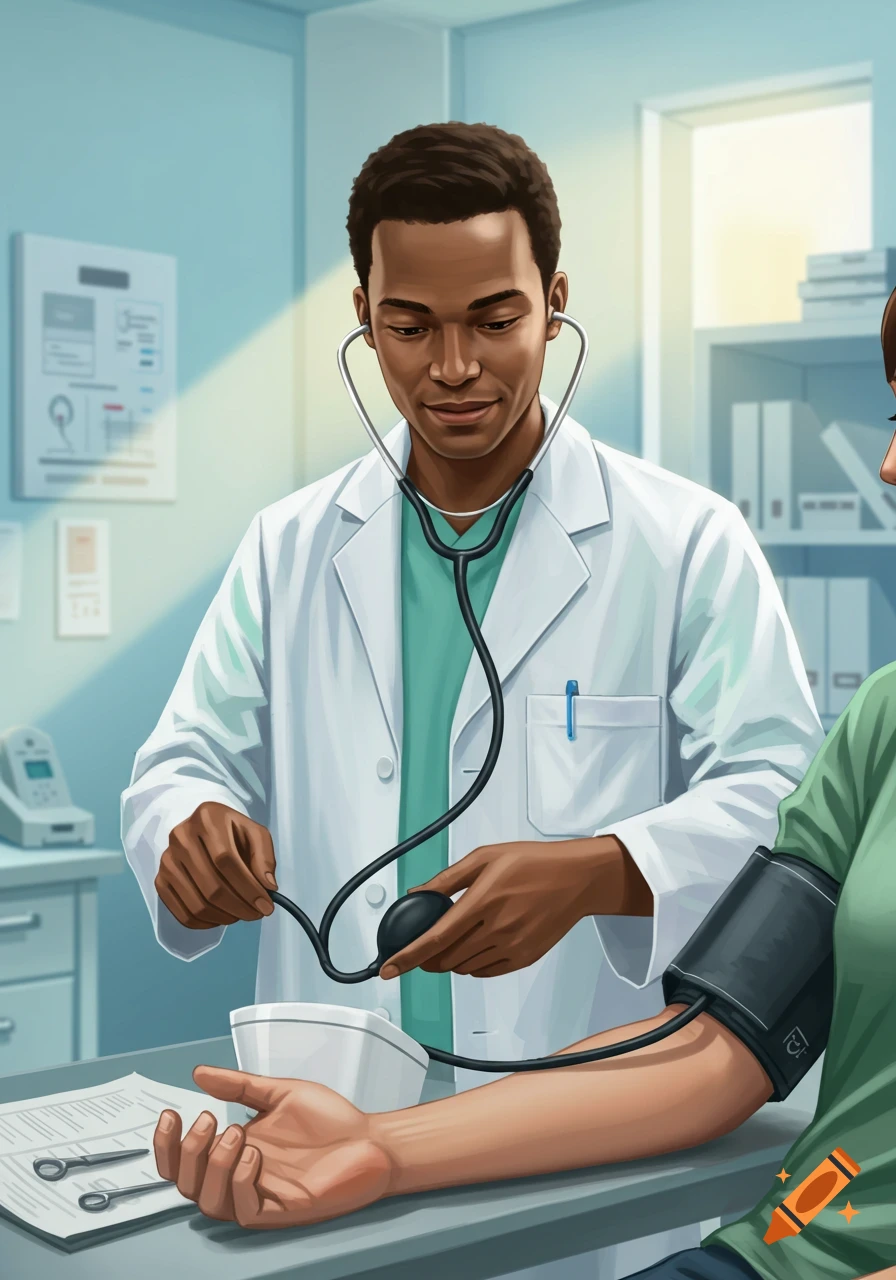 An African American male doctor in a white coat takes a patient's blood pressure in a brightly lit examination room, illustrated style.