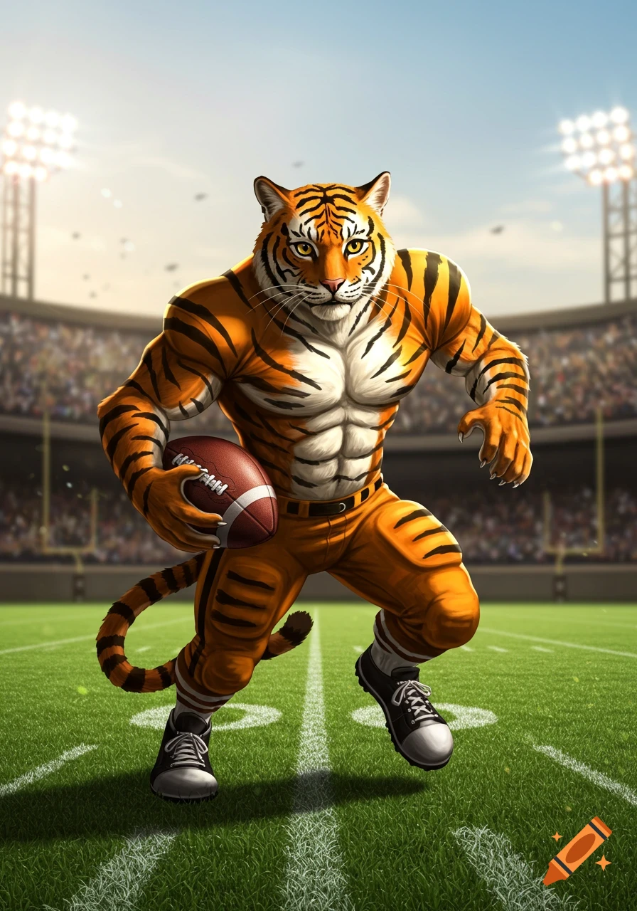 A muscular, anthropomorphic tiger mascot in a football uniform runs across a stadium field holding a football.