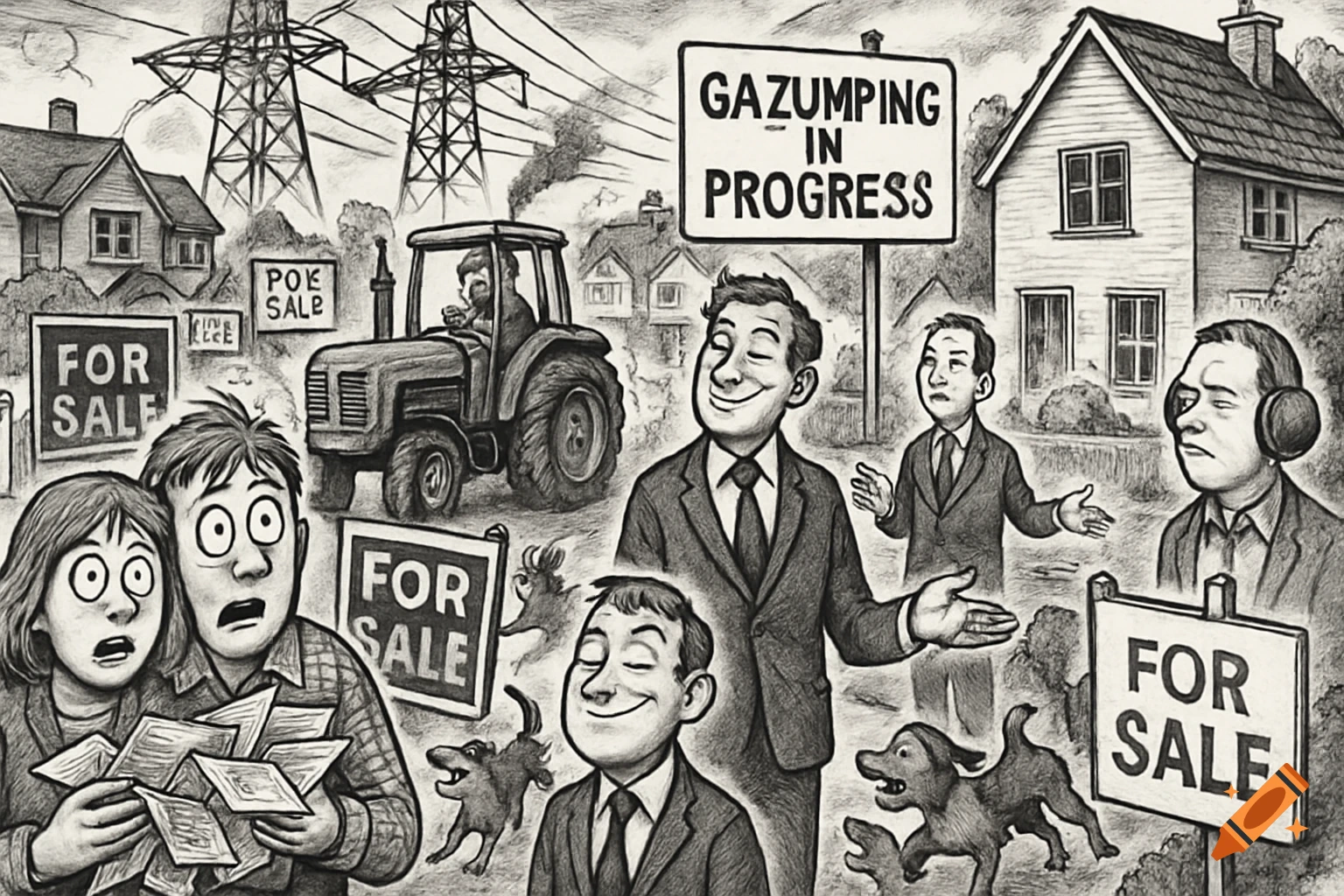 A black-and-white satirical cartoon showing a frazzled couple with brochures surrounded by "For Sale" signs, a "Gazumping in Progress" sign, and smiling estate agents amidst houses and power lines.