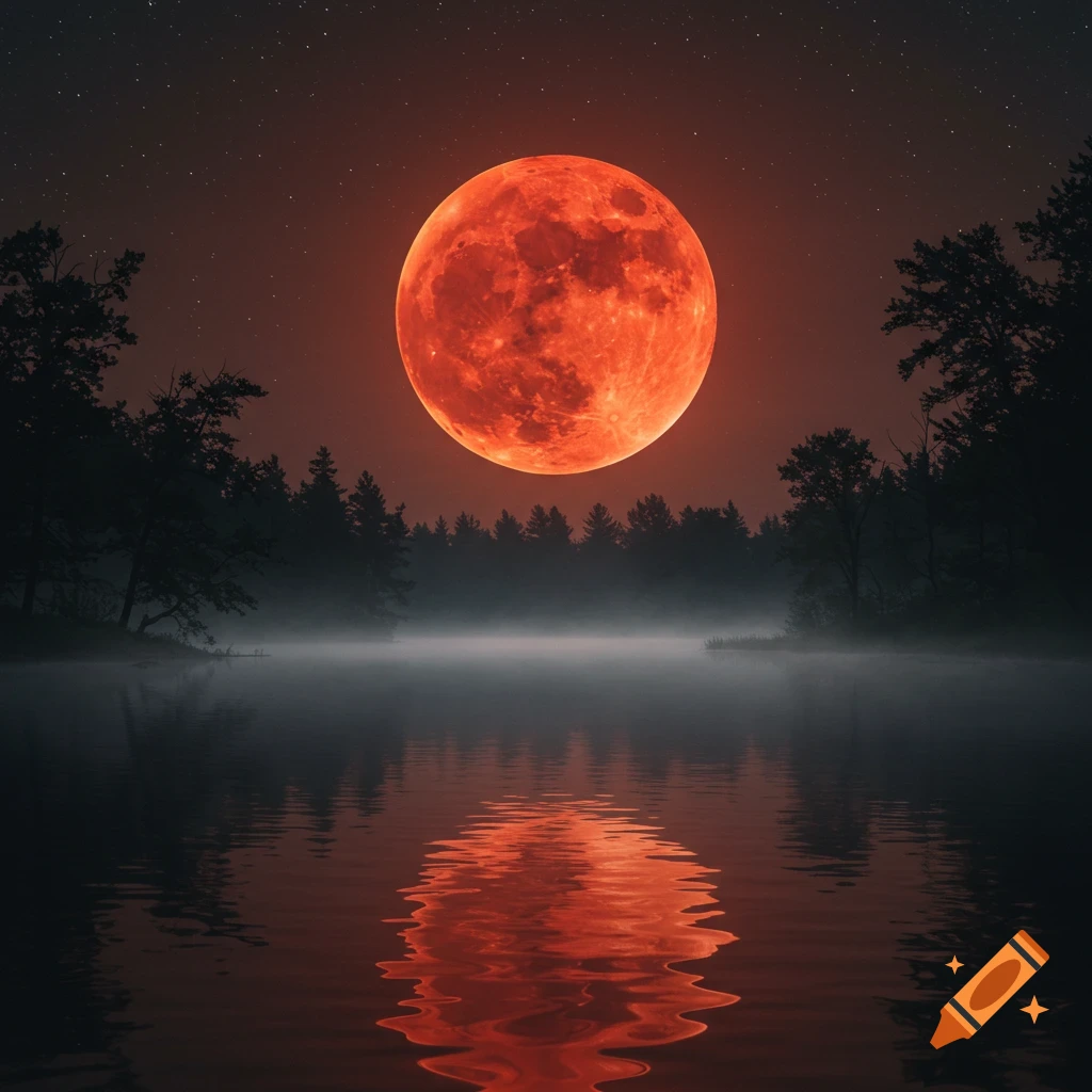 A large, glowing red blood moon hangs over a misty lake surrounded by dark silhouetted trees under a starry night sky.