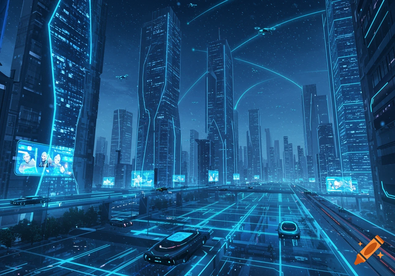 A futuristic blue-lit cityscape with flying cars, towering skyscrapers, and glowing data pathways.