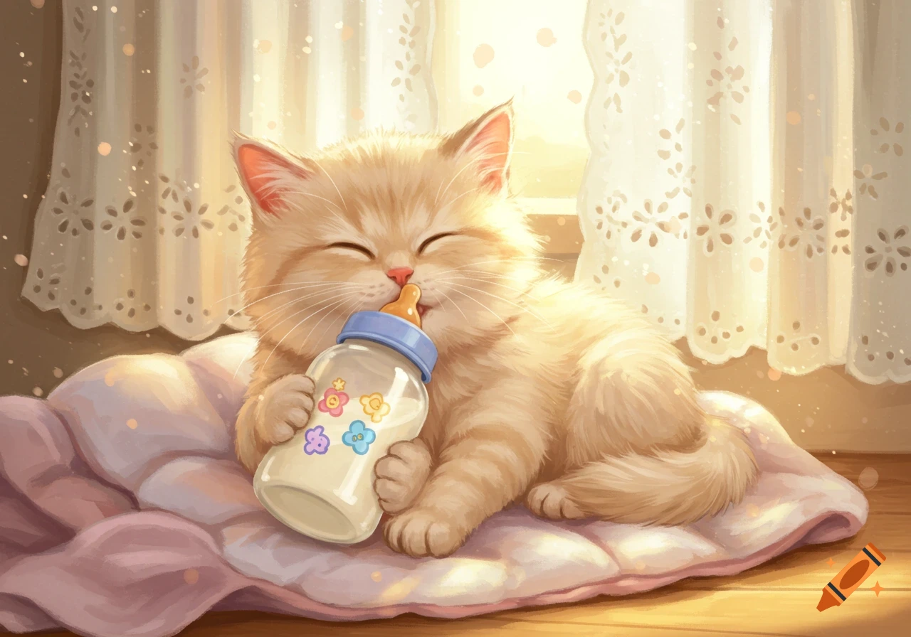 A cute, fluffy orange tabby kitten with closed eyes happily drinks milk from a baby bottle on a pink pillow by a sunny window. Illustration.