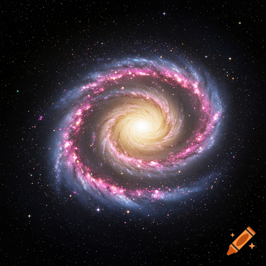 A vibrant spiral galaxy with a bright yellow core and swirling pink and blue arms against a black starry background.