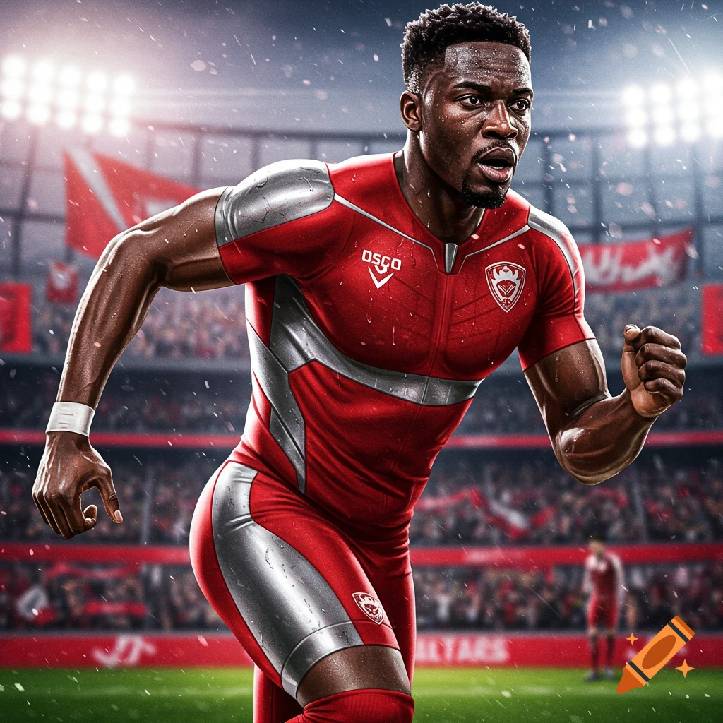 A Black male soccer player in a red and silver uniform runs intensely on a stadium field.