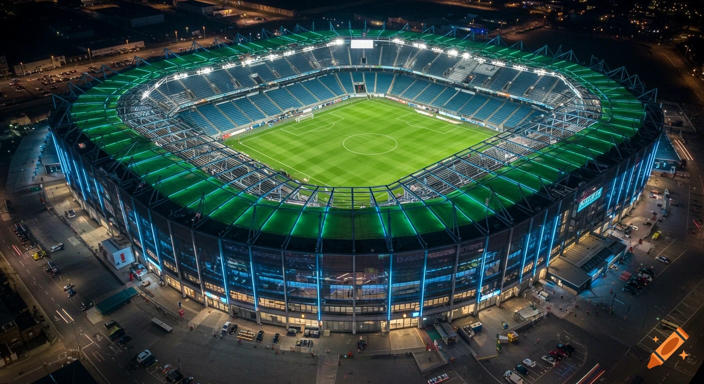 Aerial view of a large, modern football stadium at night, illuminated with bright green and blue neon lights, surrounded by dark parking lots and city lights.