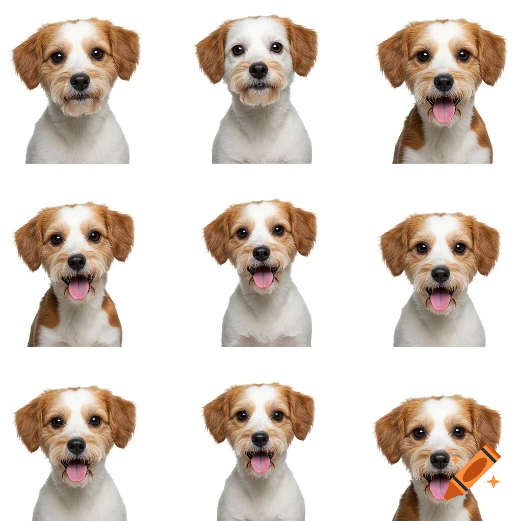 A 3x3 grid of nine headshots of a brown and white dog with varying expressions on a white background.