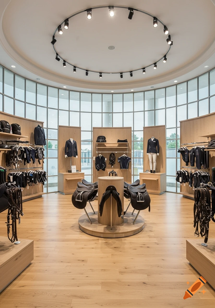 Modern equestrian equipment store with saddles on round displays, riding gear on shelves, and large curved windows.