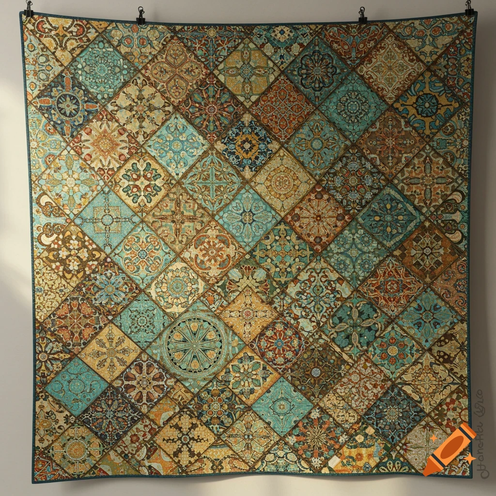 A colorful quilt or tapestry featuring a Venetian mosaic pattern in shades of blue, gold, and brown, with intricate designs.