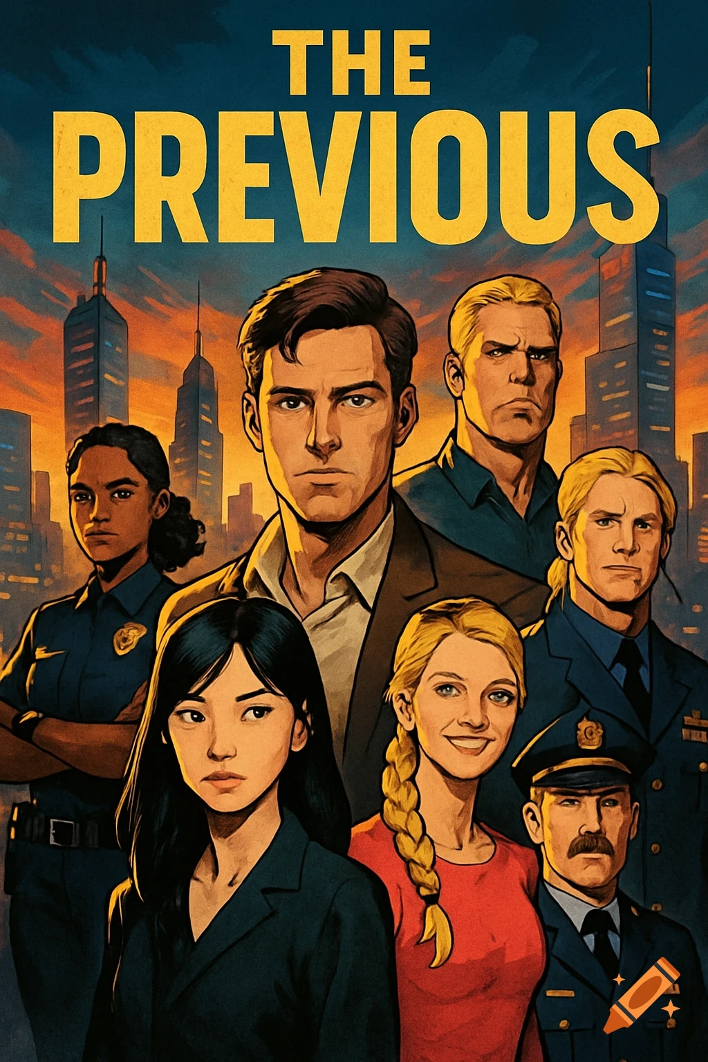 A stylized comic art poster shows a diverse group of six serious-looking characters against an orange and blue city skyline, with the title "THE PREVIOUS" at the top.