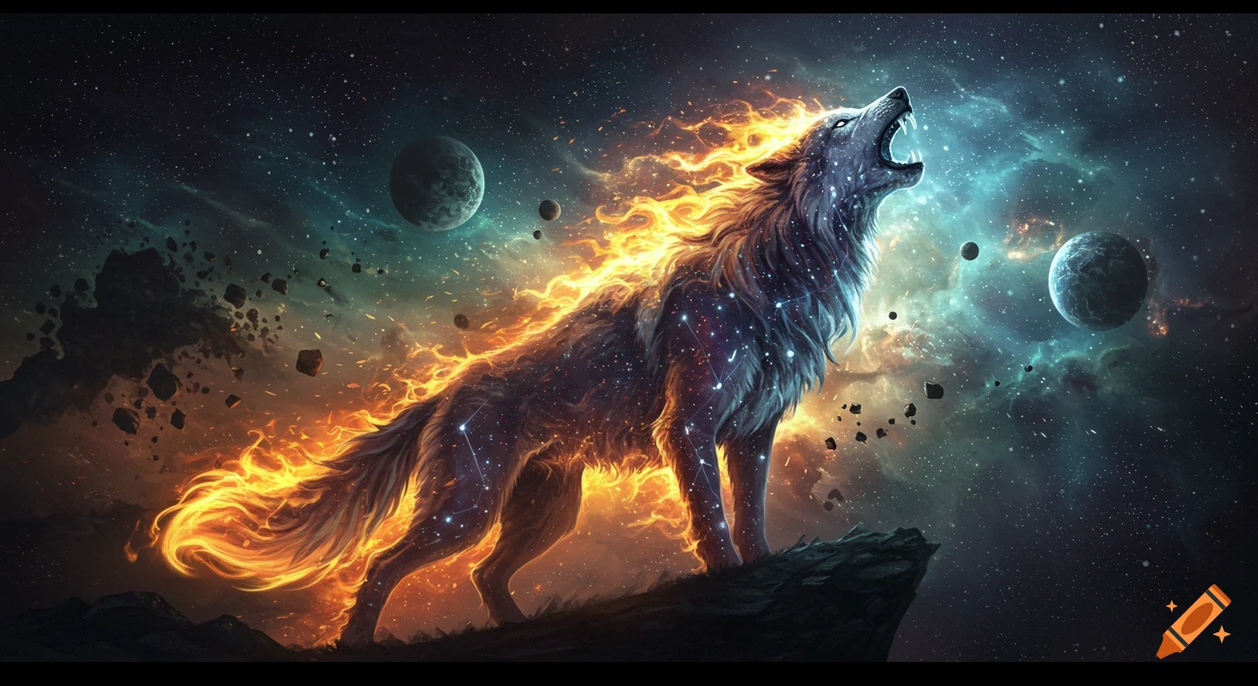 A roaring wolf made of fire and stars stands on a rock against a cosmic background with planets, fantasy art.