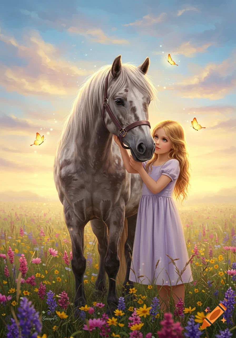 A young girl gently pets a dappled gray horse in a sunlit meadow filled with colorful wildflowers, under a vibrant sky.