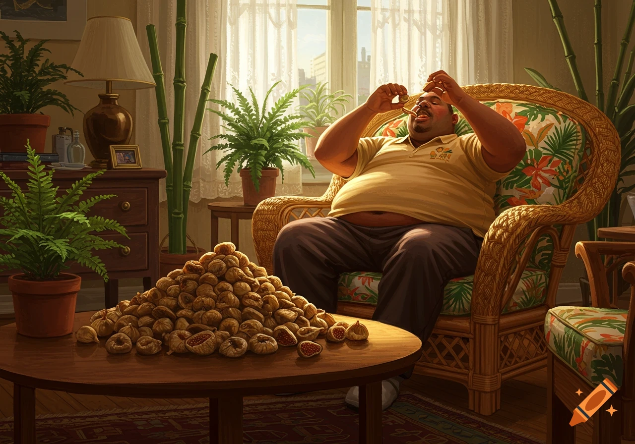 A very fat man sits in a tropical rattan chair, eating dried figs from a huge pile on a table in an apartment.